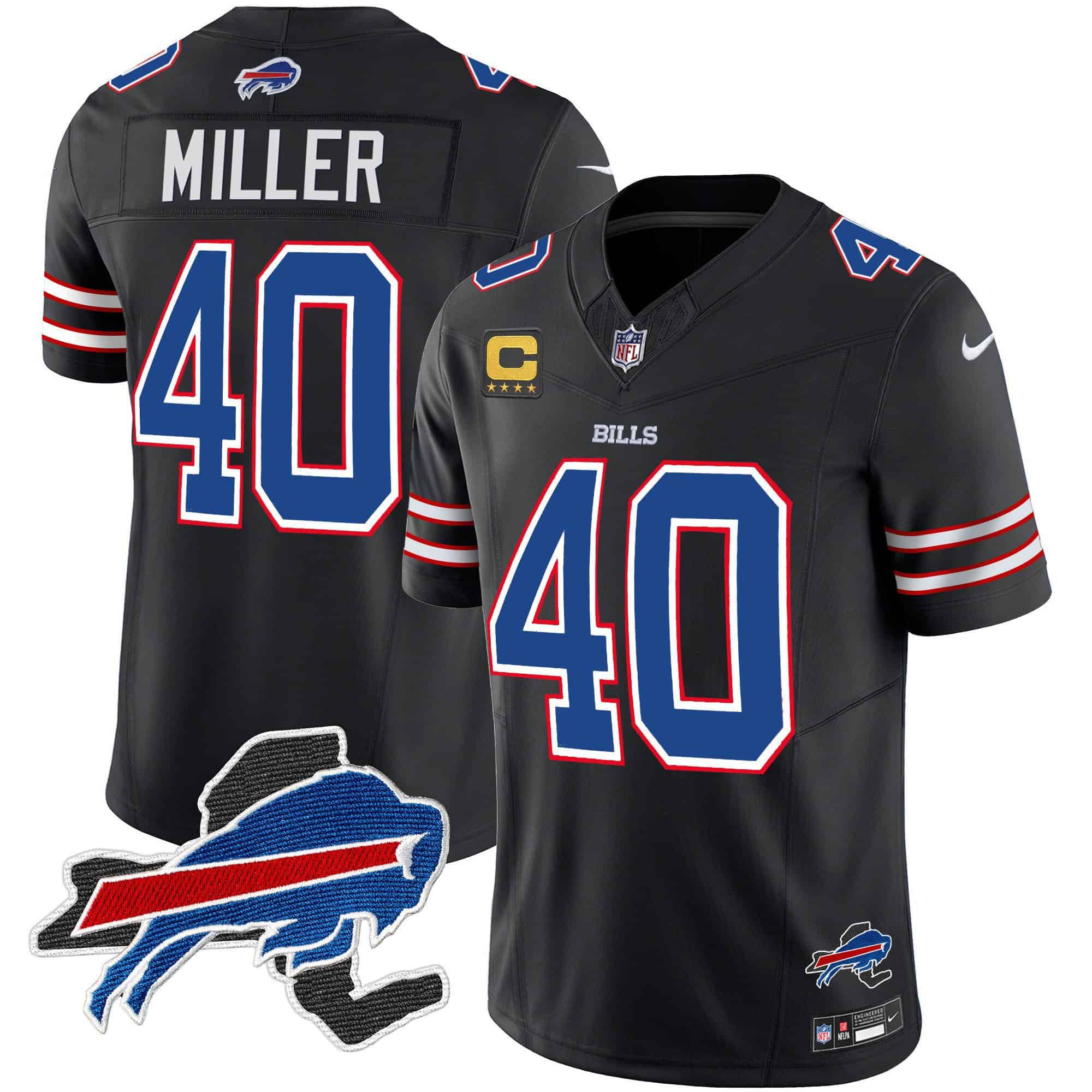 Men Buffalo Bills #40 Miller Black 2024 Nike Patch Vapor Limited NFL Jersey style 1
